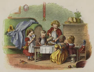 Group of little girls playing at having tea