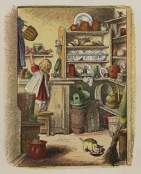 Little girl reaching for an item on a high shelf