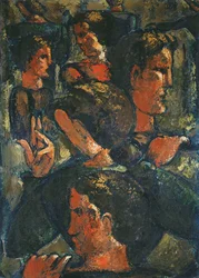 Group of Figures with Raised Hand