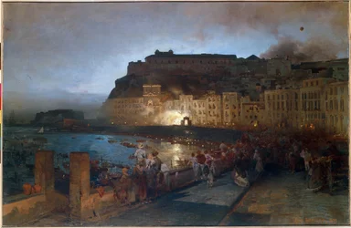 Fireworks in Naples (Italy) - Painting by Oswald Achenbach (1827-1905)