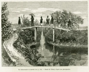 A missionary in turn. Engraving to illustrate the story Trente mois au Tonkin, in 1884, by Doctor Paul Hocquard, in le tour du monde 1890, under the direction of Edouard Charton, Hachette, Paris.
