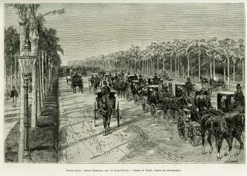 Buenos Aires, Sarmiento Avenue, Three February Park. Engraving to illustrate the story Voyage a la Plata, in 1886, by Emile Daireaux, in le tour du monde 1888, directed by Edouard Charton, Hachette, Paris.
