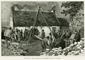 Eviction scene. Engraving to illustrate the story Trois mois en Irlande, in 1889, by Marie Anne de Bovet, in le tour du monde 1890, directed by Edouard Charton, Hachette, Paris.