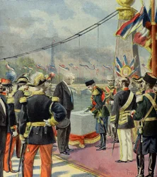 Nicolas II Lays the First Stone of the Alexandre III Bridge, in the Presence of Felix Faure, Paris 1896 (Engraving)