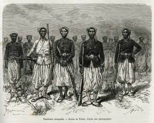 Senegalese riders of the expedition escort (engraving by Tofani, to illustrate the story of 