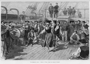The emigrants on board. Engraving to illustrate the story Voyage a la Plata, three months of vacation by Emile Blaireaux in 1886, in the tour du monde 1887, under the direction of Edouard Charton, Hachette, Paris.
