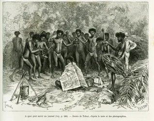 What can a newspaper be used for? Engraving to illustrate the story Chez les cannibales, Voyage dans le nord-est de l