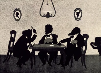 Card Game between Johannes Brahms, Richard Strauss and Hans Richter, black silhouette by Otto Bohler