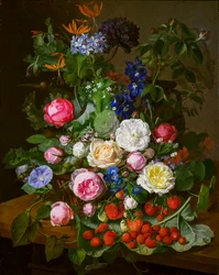 A Basket with Roses and Other Flowers