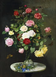 A Bouquet of Roses in a Glass Vase by Wild Flowers on a Marble Table