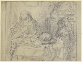 Man at the Dining Table with Child and Cat