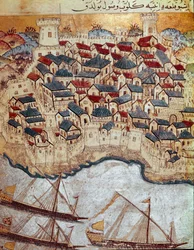 Ottoman Empire: representation of a fortified city on the bank of the Danube conquered by Soliman I during his march on Budapest and Vienna. 16th century miniature. Topkapi Sarayi Istanbul