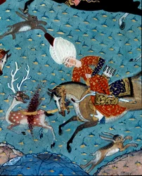 Representation of the courtiers of Sultan Murad II (Murat) (1404-1451) hunting deer and hare. (detail) 17th century miniature. Istanbul, Topkapi Sarayi Museum Library