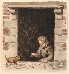 A Boy Sitting in a Cellar Door, Luring a Puppy