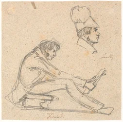 H.E. Freund sitting on a stool and contemplating a drawing. Above right, profile portrait of J. Th. Lundbye.