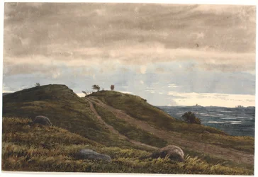 Landscape with a sandy road leading over a heath hill. To the right, a view over extensive land with peat bogs. From the Raageleje area?