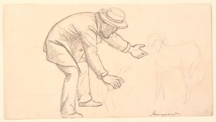 The Man Bending Over the Fawn and Pointing Towards a Dog