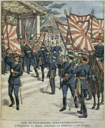His Imperial Majesty Mutsuhito, Emperor of Japan, giving the flags to his troops, illustration from 