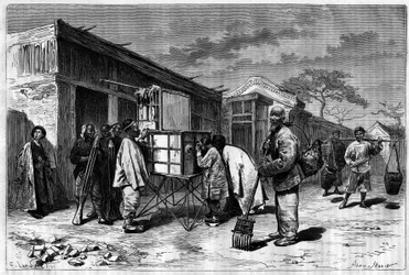 Activity in the streets of Pekin (Beijing), with a 19th century diorama. Engraving from a drawing by Sellier, from a photograph by Thomson, in Le Tour du Monde, Nouveau journal des Voyages, edited by Edouard Charton, Paris