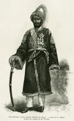 Jang Bahadur, Prime Minister of Nepal. Engraving by P.Sellier to illustrate the story Voyage au Nepal, by Dr. Gustave Le Bon, in le tour du monde 1886, directed by Edouard Charton, Hachette, Paris
