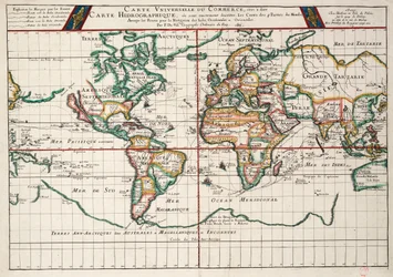 Chart plotting the routes from France and Spain of the outward and return voyages to the West Indies and East Indies, with branches for different destinations