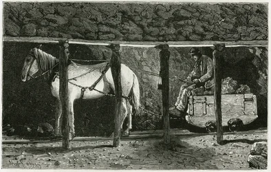 Interior of a gallery with berlaine. Engraving to illustrate the story 