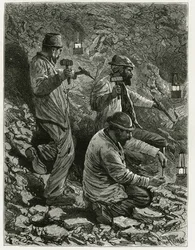 Miners extracting coal into the vein. Engraving by Ferat, to illustrate the story “Belgium”, by Camille Lemonnier. Published in Le Tour du monde, nouveau journal des voyages, 2nd semester 1884, edited by Edouard Charton