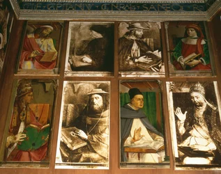 The Study of Federigo da Montefeltro, Duke of Urbino, clockwise from TL: Euclides of Megara, Greek philosopher (450-374 BC); Vittorino da Feltre, Italian educator (1378-1446); Solon, Athenian legislator