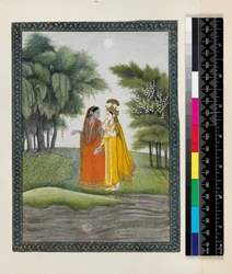 Krishna and Radha walking by the Jumna in the moonlight having exchanged clothes, from the 