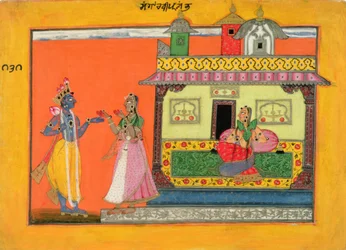 Krishna arriving at Radha