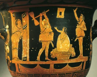 Apulian krater with scene of theatre, caricature of birth of Helen in egg, attributed to Dijon painter, red-figure pottery, (detail)