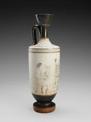 Shoulder Lekythos with White Ground Polychrome Painting of Funerary Scene, 450-440 BC