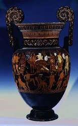 Attic Red-Figure Volute-Crater with Actors and Musicians Preparing for a Performance Before Bacchus and Ariadne, Greek, from Ruvo, 5th Century BC