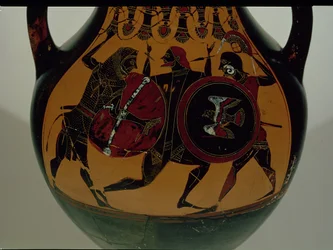 Attic black-figure amphora decorated with a scene of Heracles dressed in a lion skin fighting Cycnus, c.540 BC