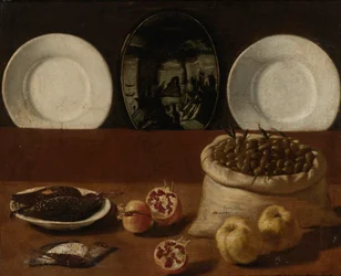 Still Life with Plates, a Sack Filled with Olives, Game, Pomegranates, and Quince