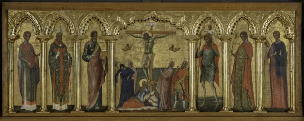 St Stratonicus, St Hermolaus, St Matthew, St Cristopher, St Thecla and St Abundius, Polyptych of the Crucifixion with Saints