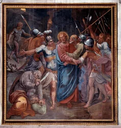 Life of Christ: "The Kiss of Judas and the Capture of Christ" (Passion of Christ, the Kiss of Judas and the Capture of Jesus), fresco (1536-1601), 1594-1600, Rome, Church of Santa Prassede (Santa Prassede), Italy