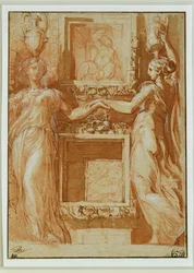 Two Canephores Holding Hands Across Boxes