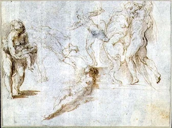 Figure Studies: Woman Holding a Baby; Man Pursued by Another; Nude Woman Lying on Ground; Hercules and the Nemean Lion