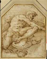 Male figure, born aloft in clouds by putti