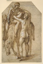 Two nude men lifting a sick man from a tired horse