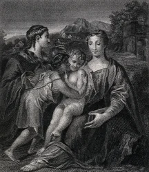 Saint Mary (the Blessed Virgin) with the Christ Child, Saint John the Baptist and Saint Mary Magdalene. Engraving after G.F.M. Mazzola, il Parmigianino.