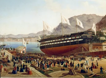 Inauguration of the ship Monarca in the arsenal of Castellammare in Naples in 1854, detail. 19th century, Naples, Museo Nazionale di San Martino