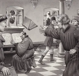 Poggio Bracciolini throws a book at a fellow scholar, Tortelli