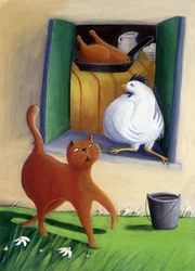 Cat and chicken in the yard of the farm (Illustration)