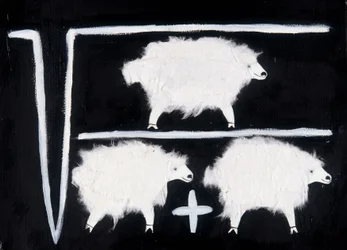 Cloning: A mathematical symbol representing square root, division, and addition calculation operations with a sheep used as a guinea pig. White cotton collage on black background.