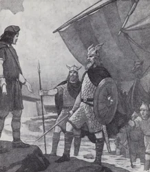 Brothers Hengist and Horsa arriving at Ebbsfleet, Isle of Thanet, Kent, during the invasion by the Angles, Saxons and Jutes in the 5th century