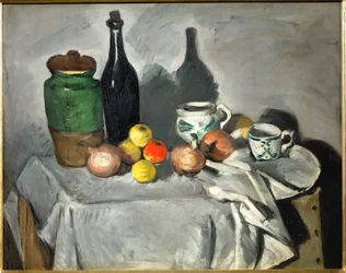Still Life: Pots, Bottle, Cup, and Fruit