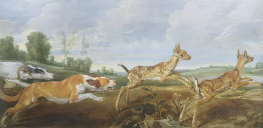 A hunting scene: dogs chasing two fauns