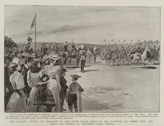 The Military Review and Inspection of New South Wales Forces by the Governor, Sir Robert Duff, and Major General Hutton, in Centennial Park, Sydney